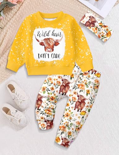 Image of Toddler Girl Clothes Fall Winter Outfits Wild Hair Don't Care Highland Cow Sweatshirt Pants Western Cowgirl Outfit