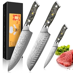 Home Safety Set di Coltelli da Cucina, 3 Pezzi, 67 Strati Acciaio Damasco, Coltello Chef, Santoku, Frutta, 12,4-20 cm, Professionale, Ergonomico