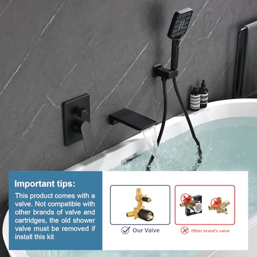 Grifos para bañera con montura en pared con cascada y rociador, juego de grifo para bañera y ducha con kit de recorte de válvula en acabado negro mate miniatura 2