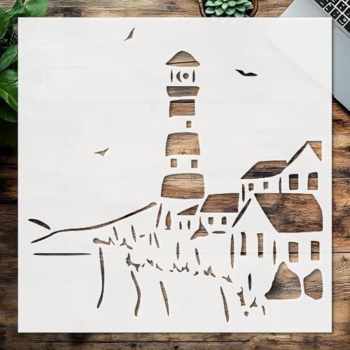 Stencil City Lighthouse Seagulls, Plastic Reusable, Reusable Plastic, 8 inchL x 8 inchW, for DIY Crafts and Home Decor