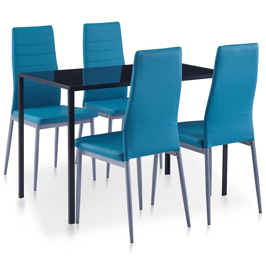 Ensemble de salle à manger 5 pièces bleu avec verre trempé, chaises en cuir synthétique, compact pour salle à manger, cuisine, salon, ensemble de meubles modernes pour la famille et les invités