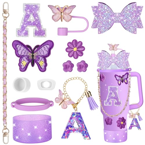 Mity rain 14PCS Purple Cup Accessories for Stanley Cup 30oz 40oz tumbler with handle - Includes Strap,Straw Bow Decorate,Straw Cover,Boot,Spill Proof Stoppers,Handle Charms,Letter Sticker(Initials A)