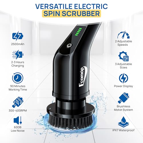 Image of 2025 Upgraded Electric Spin Scrubber - Shower Scrubber with Long Handle, Cordless Electric Cleaning Brush, 400 RPM Dual-Speed, IPX5 Waterproof, 90-Min Runtime, 8 Brush Heads for Powerful Cleaning