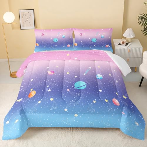 QOOMO Pink Blue Planet Comforter Full Size, Rainbow Space Kids Bedding Set, Suitability Girs and Boys Black Decorate a Room 1 Comforter Set 2 Pillowcases