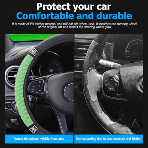 Image of Osilly Bling Car Steering Wheel Cover, 15 Inch Rhinestones Soft Leather Elastic Steering Wheel Protector, Sparkly Crystal Diamond for Women Girls (Green)