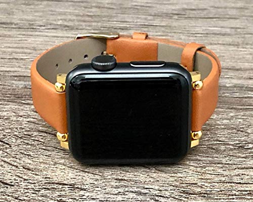 Brown Vegan Leather Gold Stainless Steel Jewelry Band for Apple Watch 38mm 40mm 42mm 44mm Adjustable Size iWatch Bracelet Smartwatch Wristband