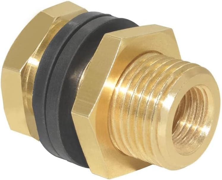 Joywayus 2Set Lengthened Bulkhead Fitting with Plug 1/8"NPT Female 3/8"Male | Solid Brass, Water Tank Connector, 3/8" Female Outer Hex Head End Pipe Caps, Drain/Flush Port Kit, With Rubber Gasket