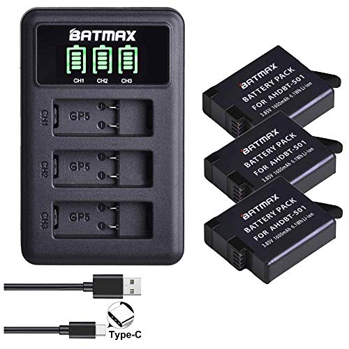 kit Carregador Triplo +3x baterias BATMAX GoPro Hero 5 6 7 Black