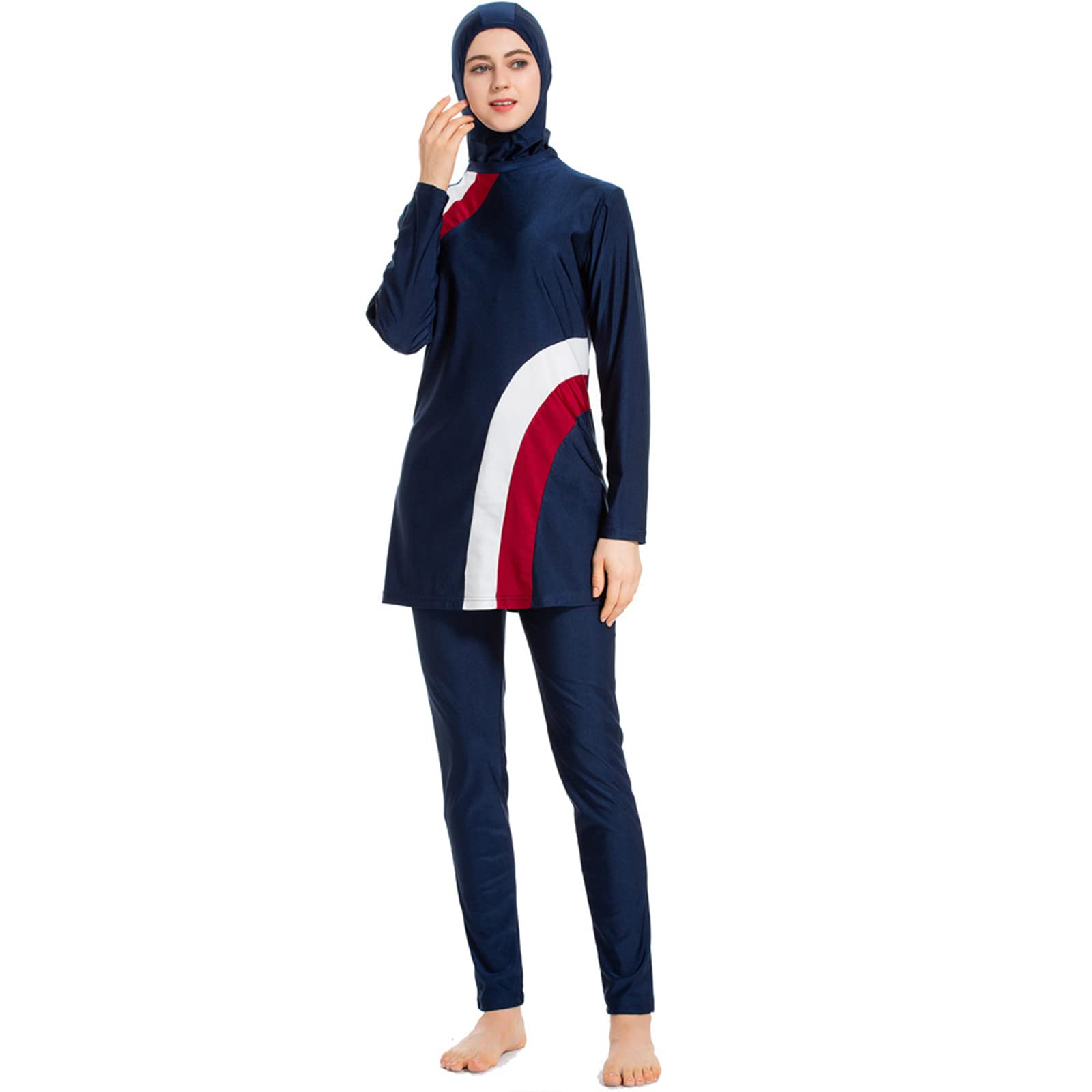 ZQBDFCWomens' Muslim Swimwear, Full-Face Conservative Hui Swimsuit, Turtleneck, Hooded Sunscreen Three-Piece Swimsuit, for Surfing, Sun Protection,Blue,S