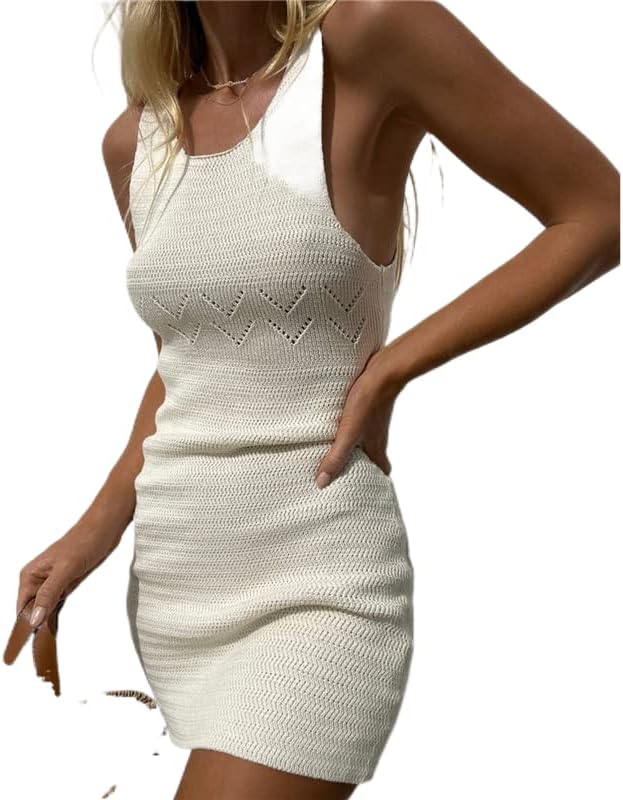 Bodycon Dresses for Women Summer Knit Hollow Out Sexy Night Out Midi Maxi Dress Sleeveless Long Cut Out Dress