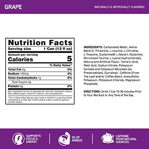 Image of Optimum Nutrition Amino Energy Powder, Concord Grape, 20.6 Ounce, 65 Servings with Essential Amino Energy Plus Electrolyes Sparkling Drink, Grape, 12 Count - Bundle Pack