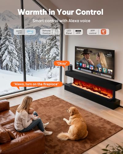 Image of Silonn 3-Sided Smart 50 inch Electric Fireplace, Alexa & App Control Fireplace with 15 Flame Colors, Electric Fireplace Inserts Logs, 5110 BTU Heat Output, Realistic Flame and Sound