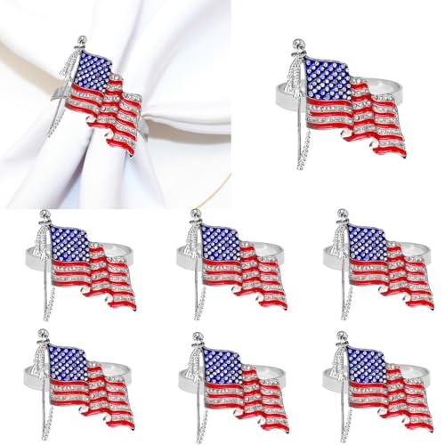 Patriotic Napkin Rings Set of 6,4th of July Napkin Ring Holder Memorial Day Flag Napkin Rings Independence Day Serviette Napkin Ring Holder Blue Red Napkin Buckle Ring for Dinning Table(Flag-6pcs)
