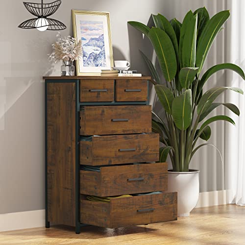 Ikeno 6 Drawer Tall Dresser With Sturdy Metal Frame, Industrial Drawer Chest For Bedroom, Clothes Storage Cabinet #TOP4