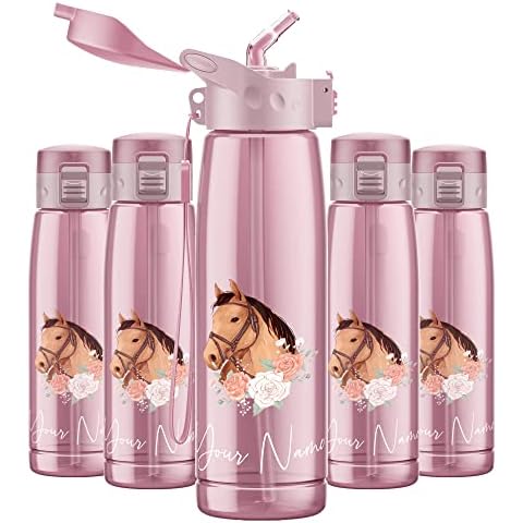 Personalised Floral Horse Water Bottle for Girls - Back to School BPA Free Sports Drinking 660ml Bottles with Straw - Kids Flask Container Gift Drinks, Pink Cover
