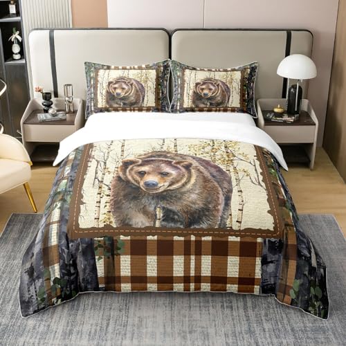 Erosebridal 100% Cotton Brown Bear Queen Bedding Sets for Boys,Woodland Decor Wildlife Duvet Cover Wild Animals Comforter Cover,Grid Lattice Checked Plaid Birch Trees Rustic Bed Set