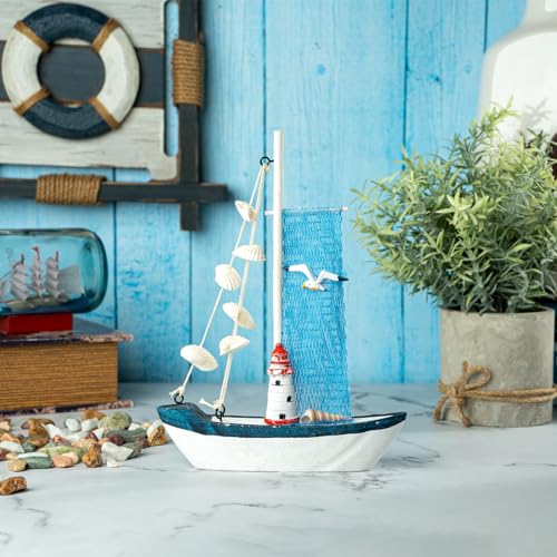 Image of Decorative Sailboat Nautical Model Showpiece | Wooden Miniature Sailing Boat for Home Decor, Living Room, Office & Table Desk Decoration | Light Blue Border-Net Cloth (15x4x22 cm)