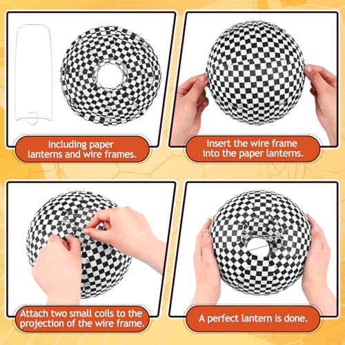Image of VIHOSE 12 Pieces Black and White Checkered Paper Lanterns Race Car Party Decorations 8 Inch Checkered Flag Hanging Round Paper Lanterns for Checkered Flag Party Birthday Indoor Outdoor Supplies