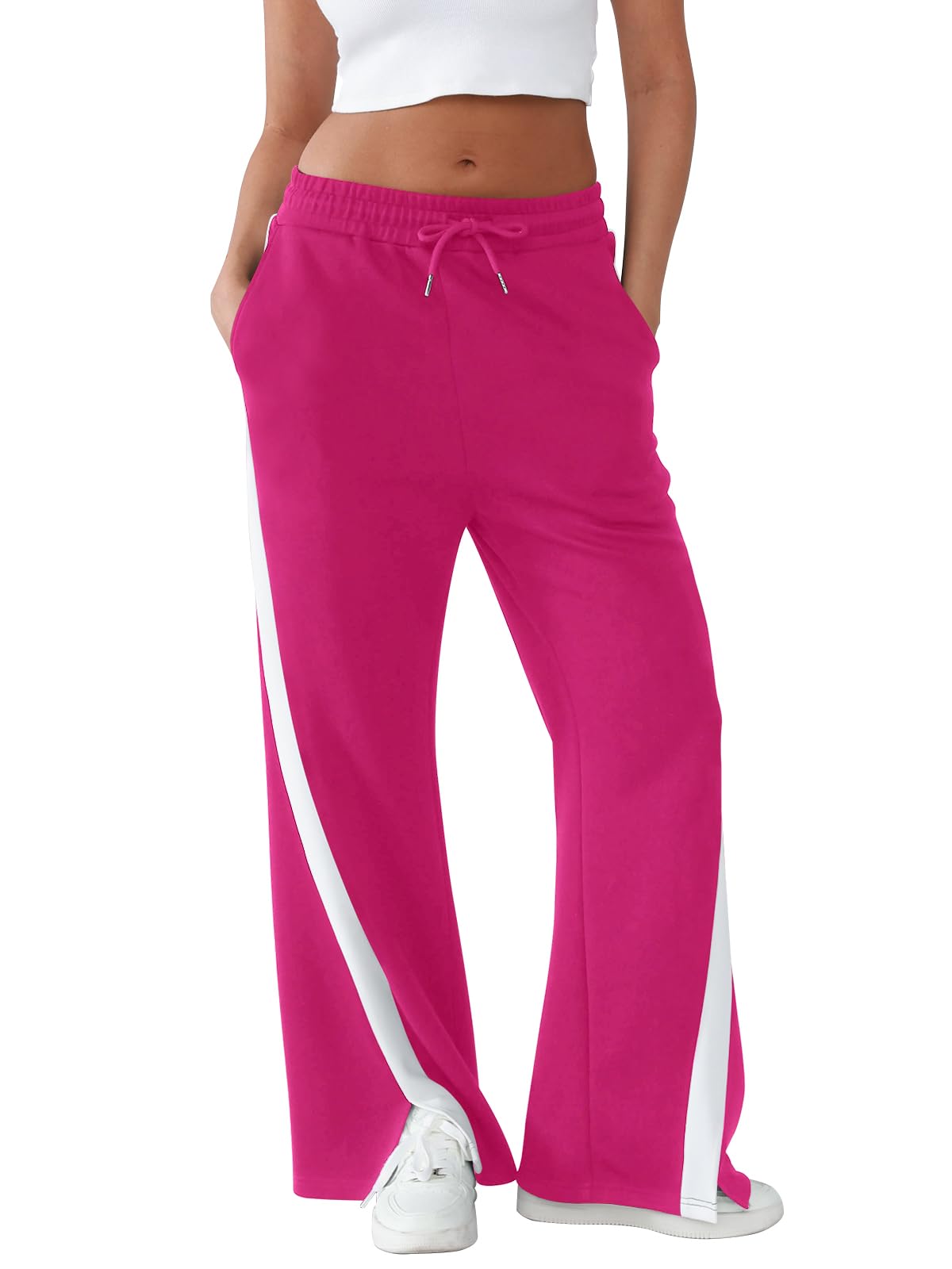 Womens Wide Leg Sweatpants Baggy Fit - Cotton Side Striped Track Pants with Pockets High Waisted Straight Leg