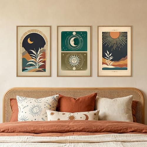 Image of KAIRNE Moody Sun and Moon Framed Canvas Wall Art Set,Boho Desert Botanical Wall Decor,Abstract Vintage Black Art Prints,Retro Southwestern Artwork for Living Room,Bedroom,Farmhouse,Office-16 x24 x3