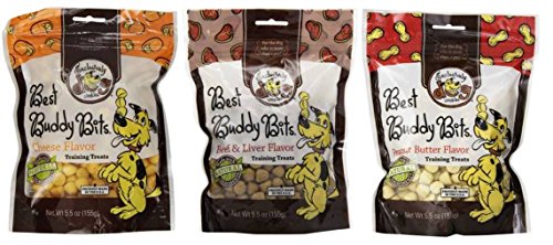 Exclusively Dog Best Buddy Bits All Natural Training Treats 3 Flavor Variety Bundle: (1) Best Buddy Bits Cheese Flavor, (1) Best Buddy Bits Peanut Butter Flavor, and (1) Best Buddy Bits Beef & Liver Flavor, 5.5 Oz. Ea. (3 Bags Total)