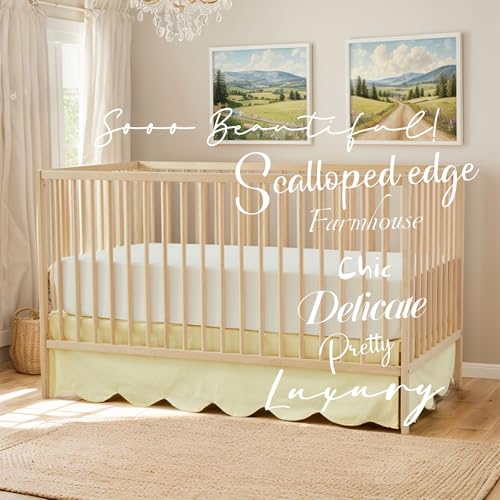 Image of Brandream Scallop Edge Cotton Crib Skirt Toddler Bedskirt Baby Nursery Crib Bed Skirt Boho Bohemian Neutral Solid Color Light Yellow Farmhouse Chic Bedding Skirt