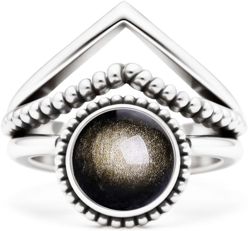 V Shape Stone Chevron Ring,Retro Sterling Silver Natural Round Stone Cystal Quartz Gemstone Three Lines Statement Wide Band Ring Jewelry for Women