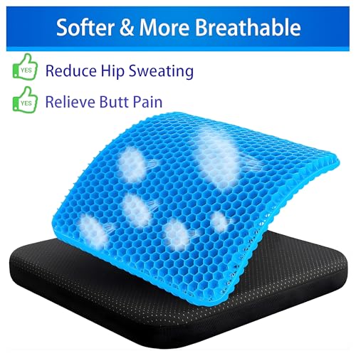 Image of Ultra-Soft Jelly Gel Seat Cushion for Office Chair & Driving - Honeycomb Silicone Cooling Pad for Tailbone & Sciatica Pain Relief - Ergonomic Support for Car & Home (Black) (Rectangular)