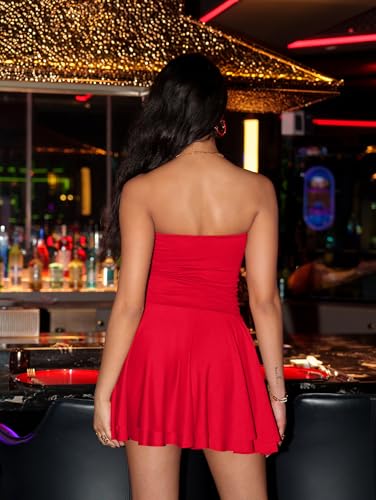 Image of OQQ Womens Strapless Mini Dress Tube Top Corset Dress Ruched Waist Flowy A Line Cocktail Party Dress Going Out Club Night Out