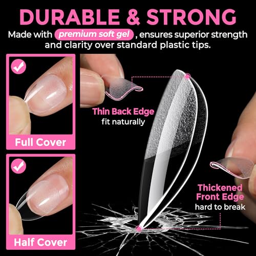 Image of UNA GELLA Extra Short Almond Nail Tips Full Cover 216PCS Gel Nail Tips Short Almond Shaped Nails Tips Soft Gelly Gel Clear Fake Nails Tip for Acrylic Nail Tip Soak Off Home DIY Salon Nails 12 Sizes