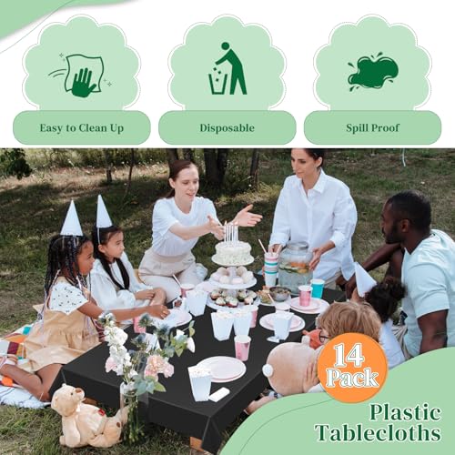 Image of Black 14 Pack 54 x 108 Inch Plastic Tablecloths, Disposable Rectangle Tablecloth, Party Table Cover Plastic Table Cloth