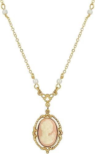 Collar con colgante de camafeo de perlas de imitación ovaladas de color rosa claro, collar de joyería 1928 con colgante, silueta cameo, cuentas de