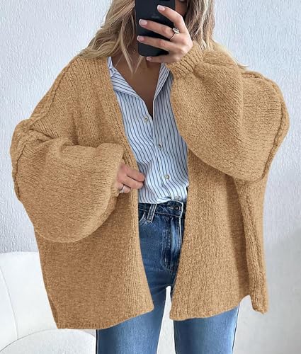 Image of PRETTYGARDEN Womens Oversized Cardigan Sweaters 2026 Fall Long Lantern Sleeve Knit Open Front Lightweight Sweater