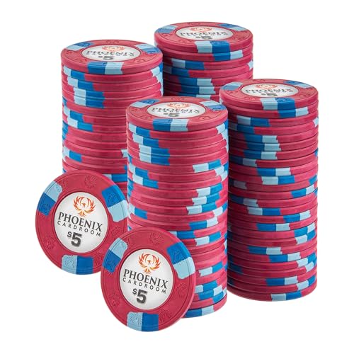 Playzaic 10-gram Phoenix Professional Poker Chips (100-pack) Real Clay Set - Bulk Casino Chips with Denominations for Texas Holdem, Blackjack - Betting Game Accessories ($5 Red)