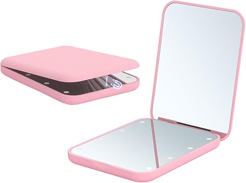 Yamadura Espejo de bolsillo con luz, espejo LED de viaje compacto con aumento de bolsillo 1x3x, espejo plegable con interruptor magnético de mano de