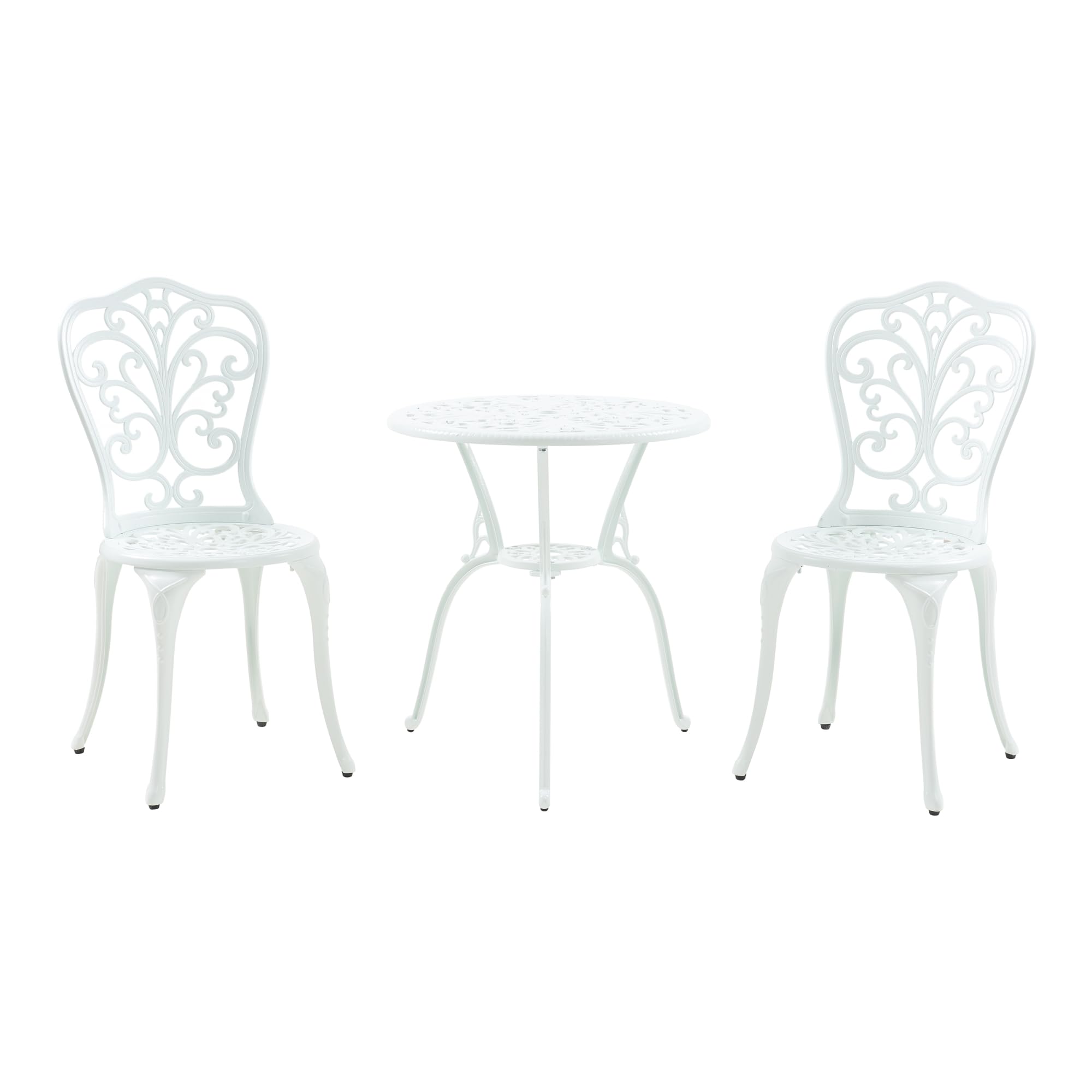 casa.pro Set Bistrot da Giardino Tavolo con Piano Rotondo e 2 Sedie con Schienale in Alluminio Pressofuso con Motivo Floreale per Terrazzo Balcone Caffetteria - Bianco
