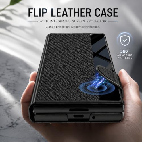Image of TechTrendz Case for Samsung Galaxy Z Fold 8 Ultra Stand Case with Pen Slot, Flip Electroplated Shockproof Glass Hybrid Leather Flip Cover for Z Fold 8 Ultra Back Cover (Carban Black)