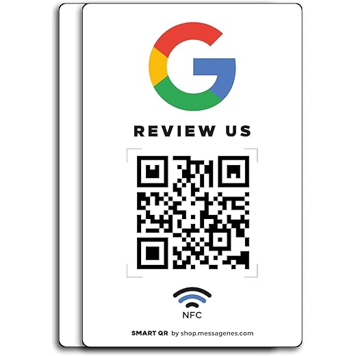 MESSAGENES | Review Us on Google QR Code Stickers | Reusable Smart QR Code and NFC | Pack 2 NFC Card Size Units | Easy Reviews | Modify Link Whenever You Want | Google Decal for Business and Stores