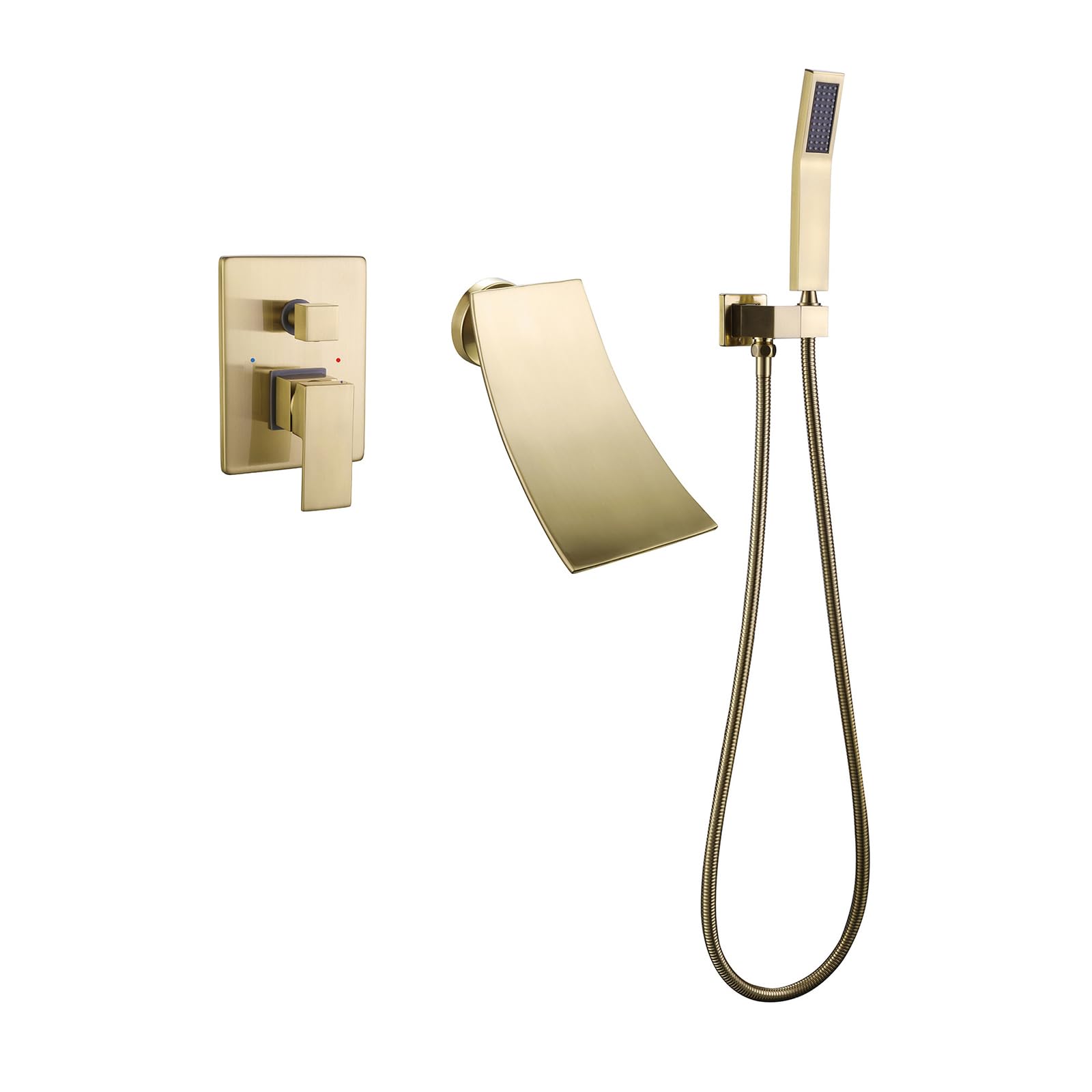 JYBNBBE Concealed Shower Mixer Taps Wall Mounted Bath Waterfall Mixer Taps with Shower Hot and Cold 2 Functions Shower & Bath Taps Brushed Gold