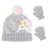 qkurt set di guanti per cappelli lavorati a maglia per bambini, set di guanti invernali caldi con berretto set di guanti per cappello con fodera termica modello unicorno per bambini di 3~5 anni