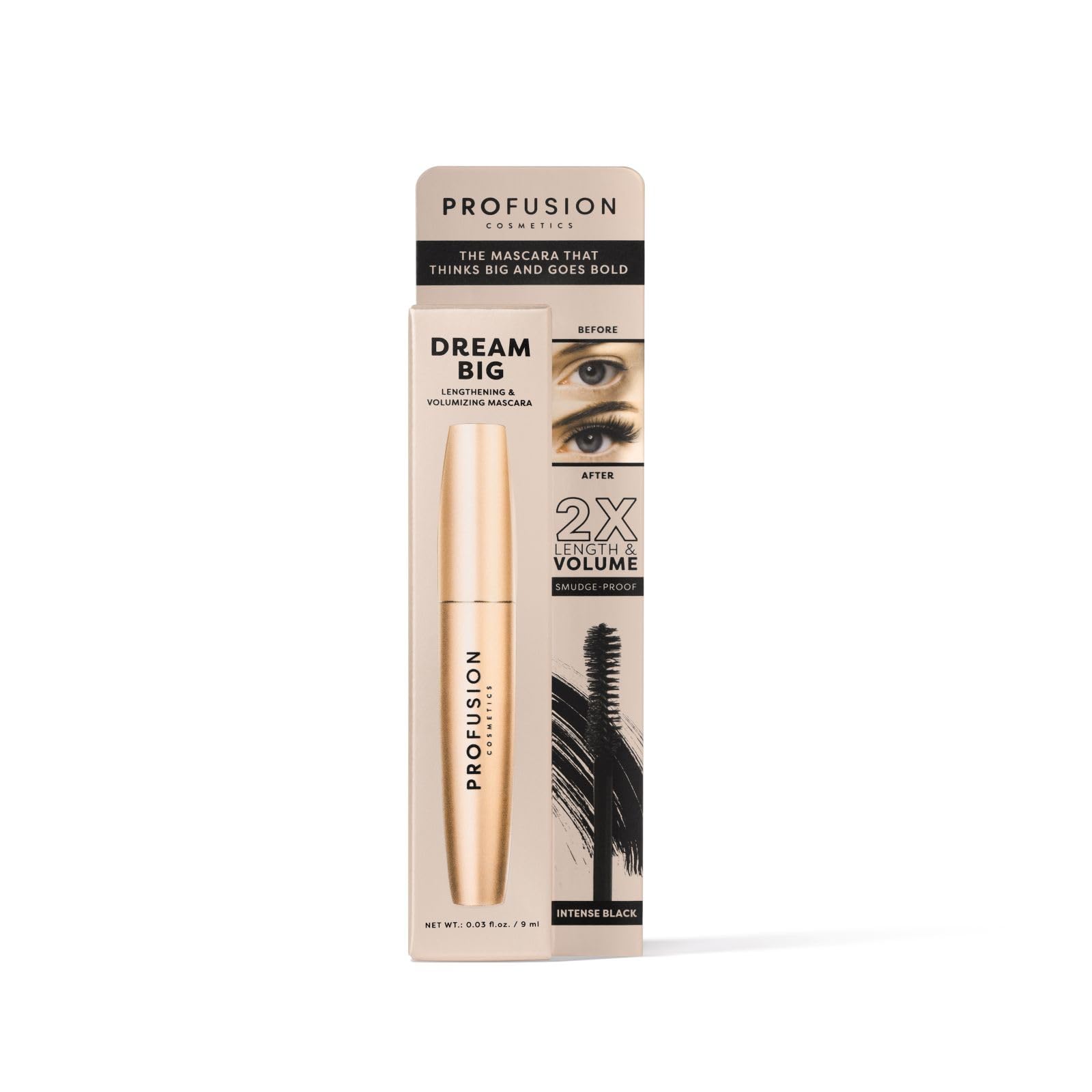 Profusion Cosmetics Dream Big Mascara Lengthening and Volumising Mascara, Smudge-Resistant, Ultra-Black Pigment, Buildable, Flake-Free, Flawless Lashes Day to Night