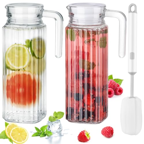 Image of NiHome Glass Pitchers with Lids, 40oz Glass Water Fridge Pitcher for Drinks, Glass Water Jug with Lid & Brush, Beverage Serveware & Storage Container for Lemonade, Iced Tea, Coffee - 2PCS