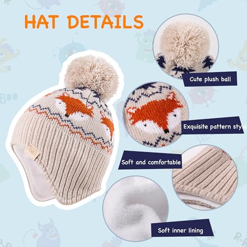 Beanie Knit Hats for Toddlers with Earflap Fleece Lined Hat Kids Warm Winter Hat Scarf Set Children's Thick Ski Cap3