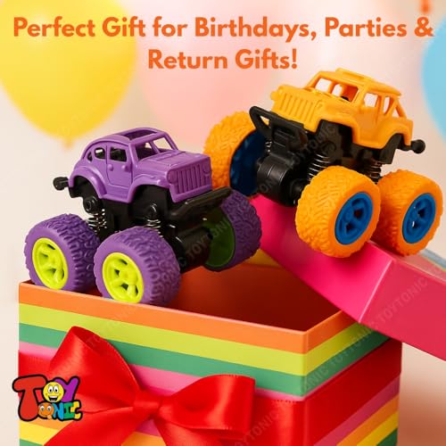 Image of TOYTONIC 4x4 Mini Monster Trucks for Kids - Push & Go Friction Powered Cars | 360 Stunt Spin Action | Pack of 2 Off-Road Vehicles | Toy Cars for Boys Ages 3-8 | Birthday Gift (Colors May Vary)