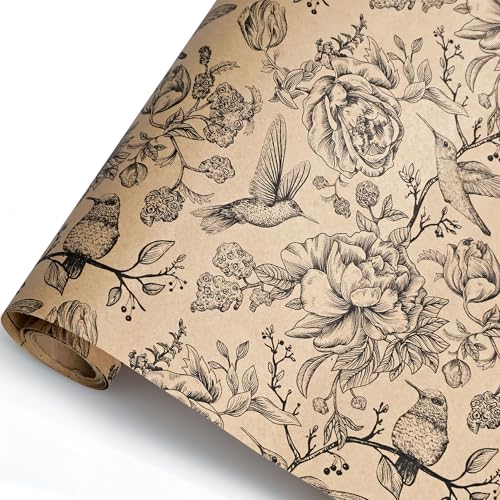 VCOOHM Kraft Floral Bird Wrapping Paper Roll - 17 Inches x 9.8 Feet Mini Roll - Vintage Flower and Bird Gift Wrap Paper with Lines for Birthday Wedding Baby Shower Bridal Shower and All Occasions