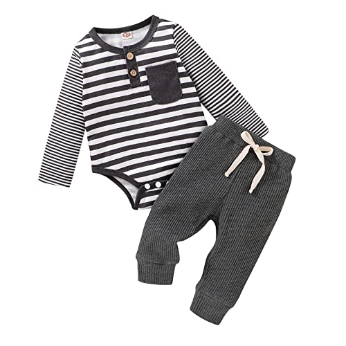 Image of SEVEN YOUNG Newborn Baby Boy Clothes Long Sleeve Striped Romper Bodysuit with Pockets Solid Pants Set for Infant Boys Fall Winter Outfits (gray and white striped,0-3 months)