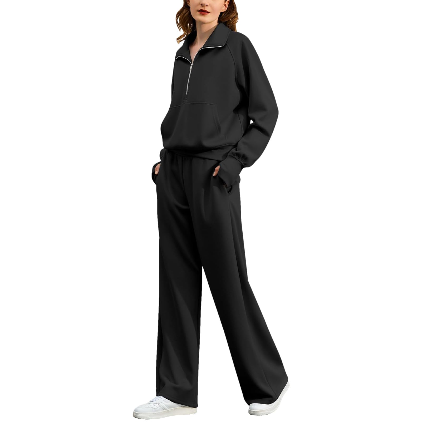 Momuk Donna 2 Pezzi Set di Tute da Donna Felpe Casual con Risvolto e Mezza Zip e Pantaloni a Gamba Larga Set da Salotto Tuta da Ginnastica