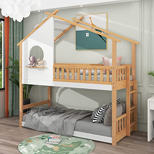 FEZTOY Etagenbett mit Treppe & Fenster 200x90cm, Kinderbett Hochbett mit...