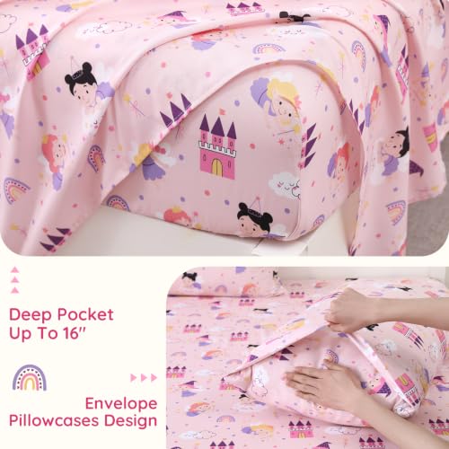 MCO Pink Princess Kids Twin Sheet Set, 3 Piece Soft Microfiber Kids Twin Size Bed Sheets, Oeko-TEX, 16" Deep, Won't Pop Off, Breathable & Machine Washable, Cute Bedding Set for Girls Boys - image 5