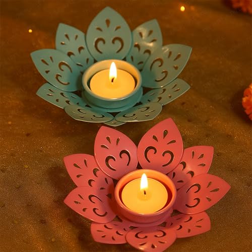Image of The Purple Tree Set of 2 Pink & Blue Floral Tealight Candle Holders for Diwali Decoration | Decorative Metal Flower Votives for Home Decor, Festive Lighting & Gifting | Diya Holder for Pooja